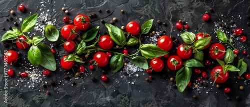  A cluster of cherry tomatoes and fresh basil on a dark background, adorned with a light dusting of salt and pepper
