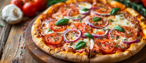  A pizza sits atop a wooden cutting board beside an array of tomatoes and onions on a table