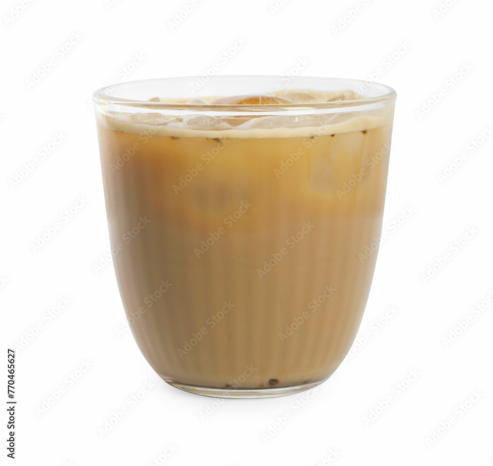 Iced coffee with milk in glass isolated on white - obrazy, fototapety, plakaty 