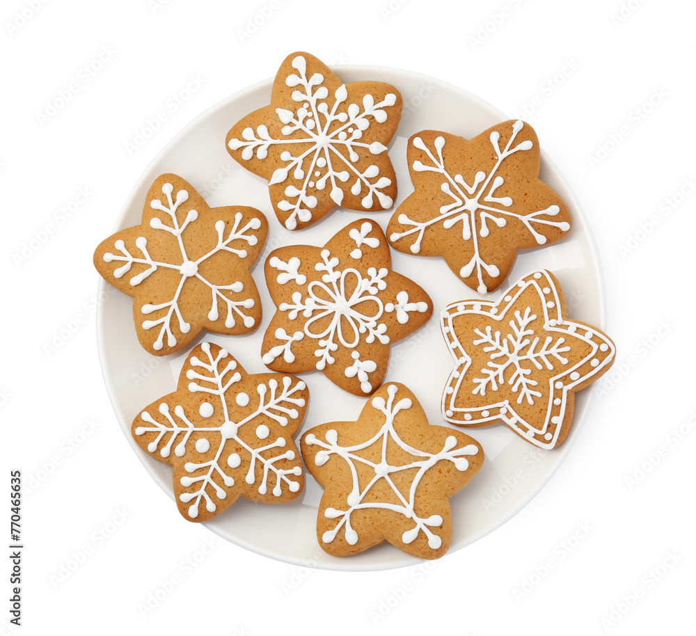 Tasty star shaped Christmas cookies with icing isolated on white, top view Tasty star shaped Christmas cookies with icing isolated on white, top view