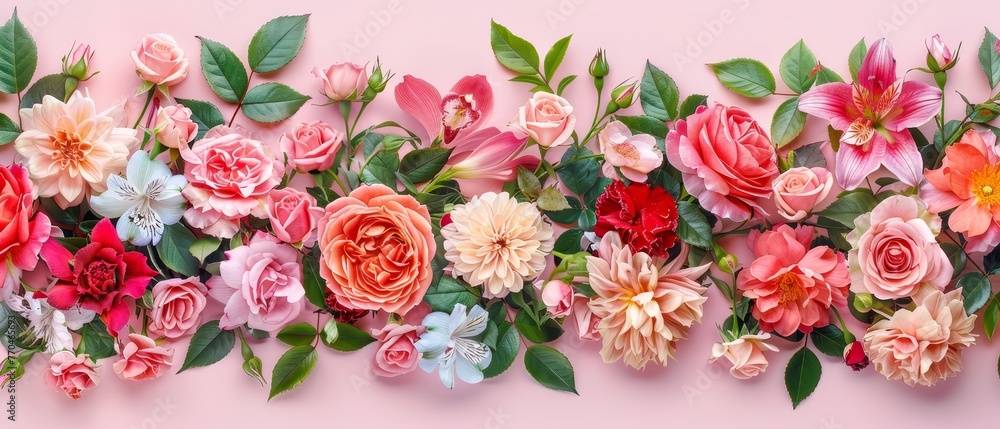 A cluster of pink and red blossoms against a pink backdrop, surrounded by green foliage and flowers on either side of the edge A cluster of pink and red blossoms against a pink backdrop, surrounded by green foliage and flowers on either side of the edge