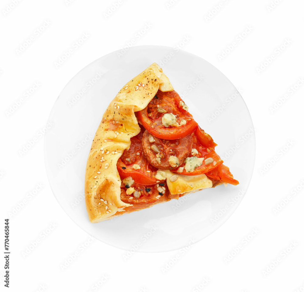 Piece of tasty galette with tomato and cheese (Caprese galette) isolated on white, top view Piece of tasty galette with tomato and cheese (Caprese galette) isolated on white, top view