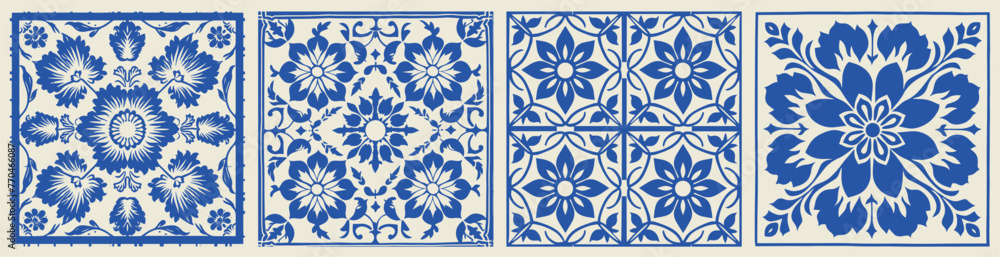 Set of Floral Vintage Classic Portuguese Spring Botanical Tile Pattern Vector Design