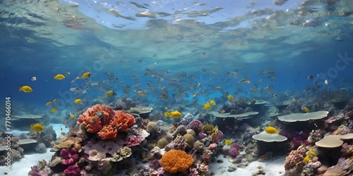 A vibrant coral reef teeming with colorful fish, different types of coral formations, and a clear blue ocean above