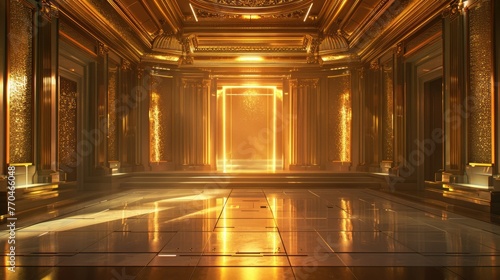Elegant corridor with golden light streaming through the doorway, reflecting on polished floors and ornate walls.