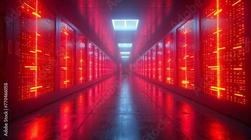  A long hallway with rows of red lights in the center is a long corridor with rows of red lights in the center © Jevjenijs