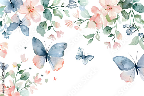 Delicate Watercolor Butterfly Floral on White Background