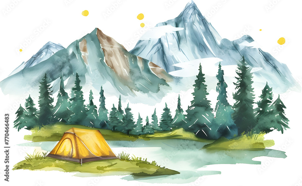 Serene Watercolor Landscape with Camping Tent Amidst Towering Mountains and Lush Forested Valley
