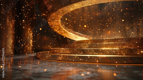 Elegant golden spiral staircase with sparkling lights, luxury event backdrop.