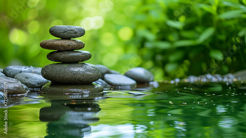 A stack of stones on water with green leaves around them