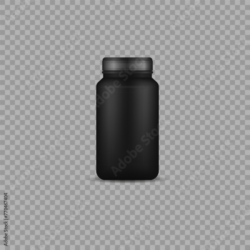 Whey protein and mass gain black plastic jar, bottle. Glossy plastic packaging mockup 3d design. Fitness nutrition canister design template for gym and workout. Vector illustration