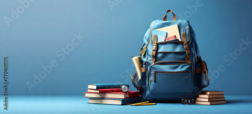 School bag with laptop and books on blue background with copy space. Back to school concept. 3D Rendering, 3D Illustration. AI Generative photo