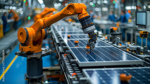 Robotic arm in action on the production line, efficiently assembling solar panels in a modern industrial setting.