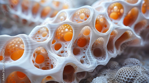 A macro photograph of a latticelike structure created with a biodegradable 3D printing material showcasing the potential for sustainable and transformative technology in manufacturing.