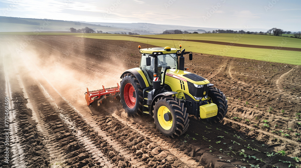 Fototapeta premium A modern tractor plows through an expansive agricultural field, preparing the soil for a new planting season under a clear sky.