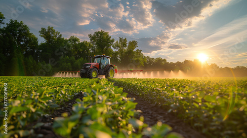 Tractor spraying soy field in sunset.