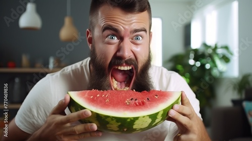 a man with a beard is eating a slice of watermelon