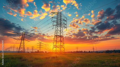 Silhouette of High voltage electric tower on sunset time background.