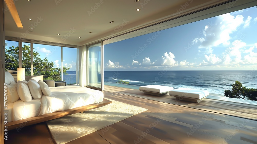 A bedroom with an ocean view