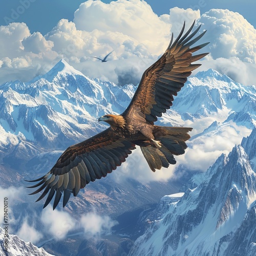A majestic golden eagle soaring high in the sky, 