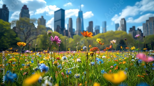 A field with flowers in the middle of a city