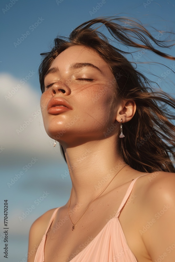 A photo of the model with hair blowing in the wind, A photo of the model with hair blowing in the wind,
