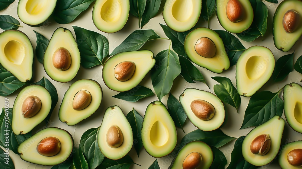 A background with avocado fruits and leaves A background with avocado fruits and leaves