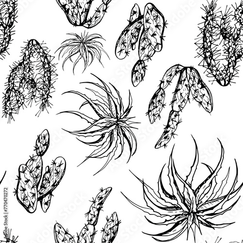 Hand drawn ink vector illustration, nature tropical exotic desert plant succulent cactus aloe agave leaves. Seamless pattern isolated on white background. Design travel, vacation, brochure, print