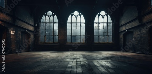 Spacious empty hall with Gothic windows casting light on the floor, evoking a moody atmosphere.
