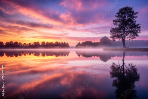 Tranquil Morning Serenity: Captivating Lake Scene. Sunrise over lake. Generative AI