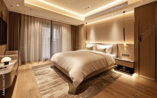 Modern bedroom interior with elegant design features, including ambient lighting, plush bedding, and contemporary furniture.