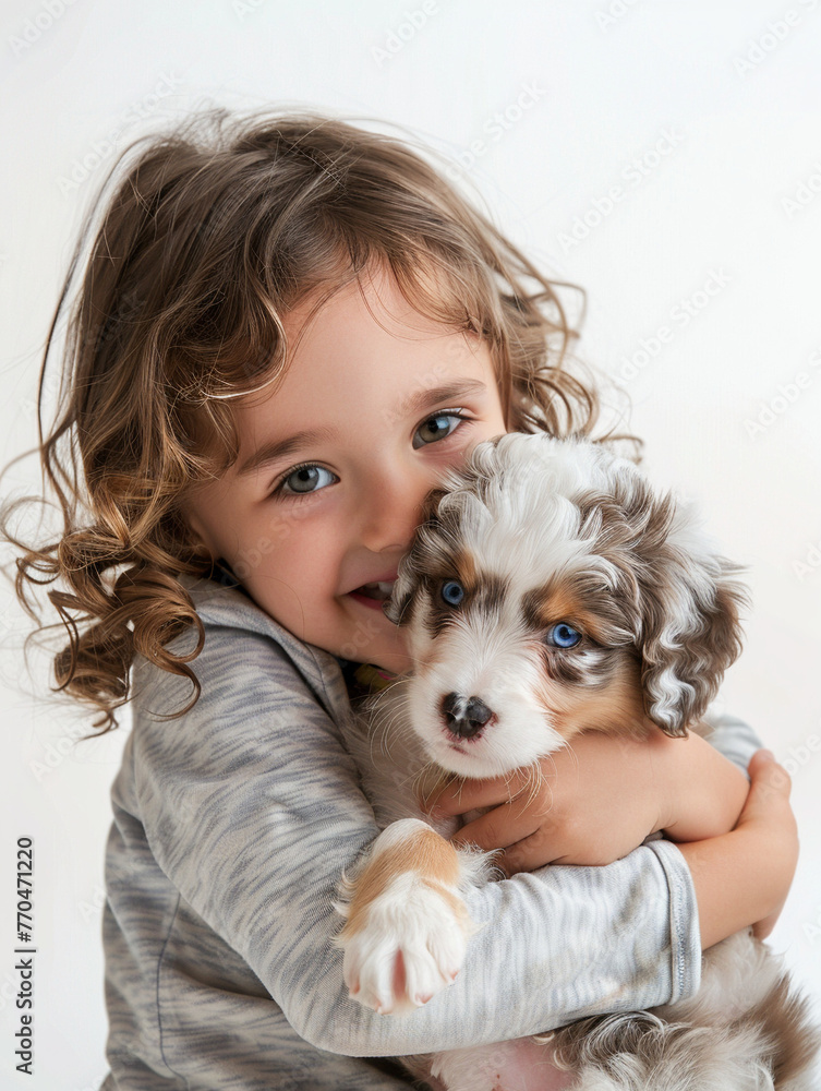 Happy curly haired little girl hugging her puppy Happy curly haired little girl hugging her puppy