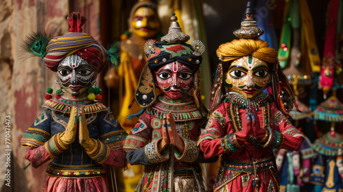 Set of traditional Rajasthani puppets dressed in colorful Indian attire