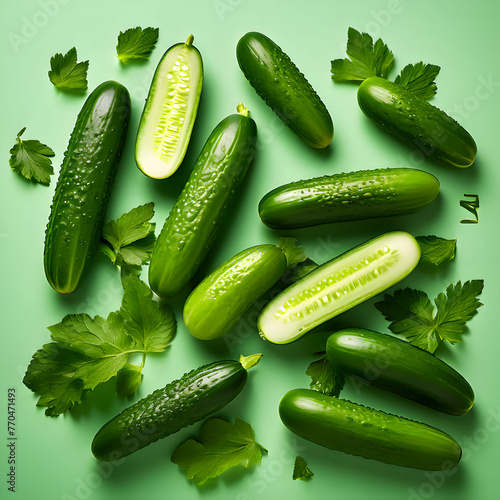 Fresh green cucumber and slices with gherkin isolated on white background.
