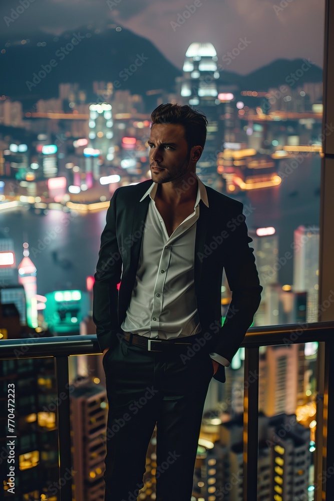 Hyper-realistic, white guy in his 20s, embodying confidence and vitality, in sleek formal wear. Posing on the rooftop terrace of a luxury penthouse overlooking the skyline of Hong Kong, Hyper-realistic, white guy in his 20s, embodying confidence and vitality, in sleek formal wear. Posing on the rooftop terrace of a luxury penthouse overlooking the skyline of Hong Kong,
