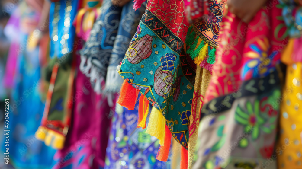 Traditional ethnic garments hanging in a row, showcasing vibrant colors and detailed patterns These are indicative of specific cultural attire
