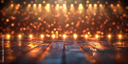Abstract background with defocused lights and bokeh effect on a wooden surface.