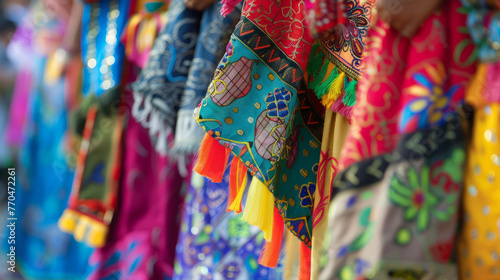 Traditional ethnic garments hanging in a row, showcasing vibrant colors and detailed patterns These are indicative of specific cultural attire © road to millionaire
