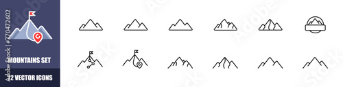 Mountains icon set. Linear style. Vector icons