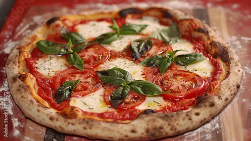 Margherita Pizza, Thin Crust, Cheesy, Tomato, Brick Oven Red background 