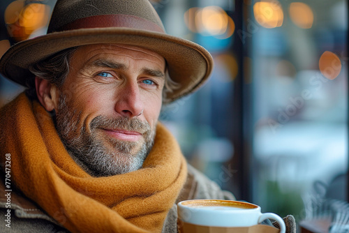 Middle aged gray haired and beard man sitting in a cafe and looking friendly to the camera