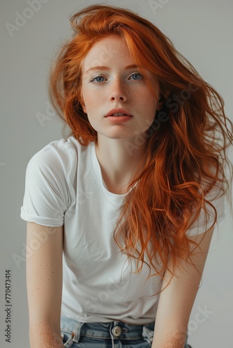 Modeling photography of a woman with a red hair, full body, simple shot, photorealistic, on a white background,  © Nica
