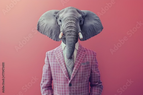 Sturdy Elephant Anthropomorphized in Formal Suit Posing for Surreal Documentary Portrait Against Vibrant Background © milkyway