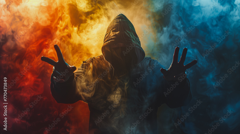 A man in a hoodie is reaching out in the air with his hands. The image is set in a smoky, colorful environment