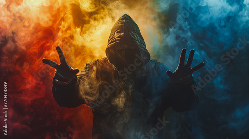 A man in a hoodie is reaching out in the air with his hands. The image is set in a smoky, colorful environment