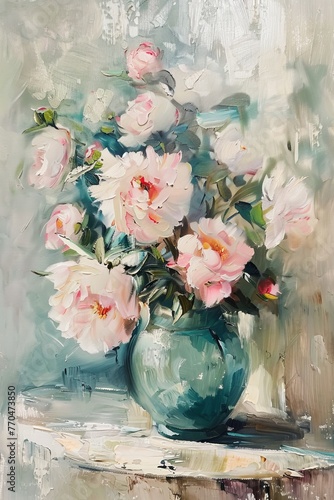 oil painting, soft pastel pink neutral muted tones, impressionist, flower vase on table