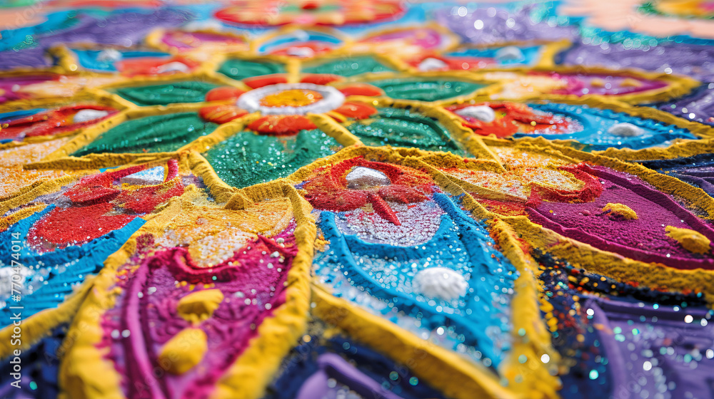 This close-up of vibrant sand art reveals complex floral patterns and stunning shapes, epitomizing traditional sand craftsmanship