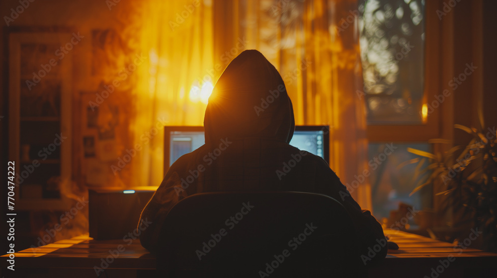 A man is sitting in front of a computer with a hood over his head. The computer screen is lit up and the man is typing. The image has a dark and mysterious mood, with the hooded man A man is sitting in front of a computer with a hood over his head. The computer screen is lit up and the man is typing. The image has a dark and mysterious mood, with the hooded man