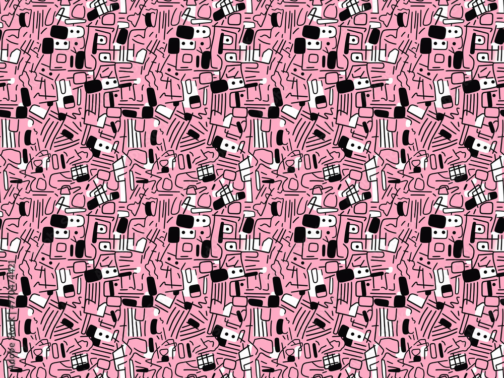 Flat abstract doodle background, pink, white, black color. Monochrome image, white background - obrazy, fototapety, plakaty 