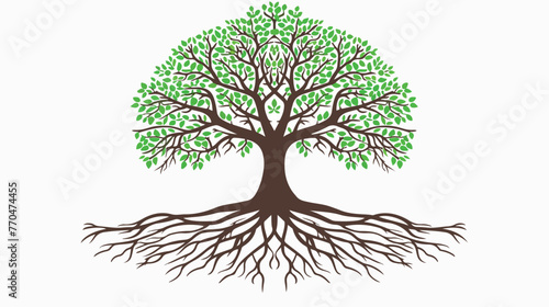 Tree with roots in a flat style. Green planting concept